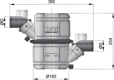 VETUS waterlock- geluiddemper type NLP45, 45 mm aansluitingen, 4,5 liter