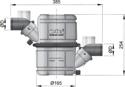 VETUS waterlock- geluiddemper type NLP40, 40 mm aansluitingen, 4,5 liter